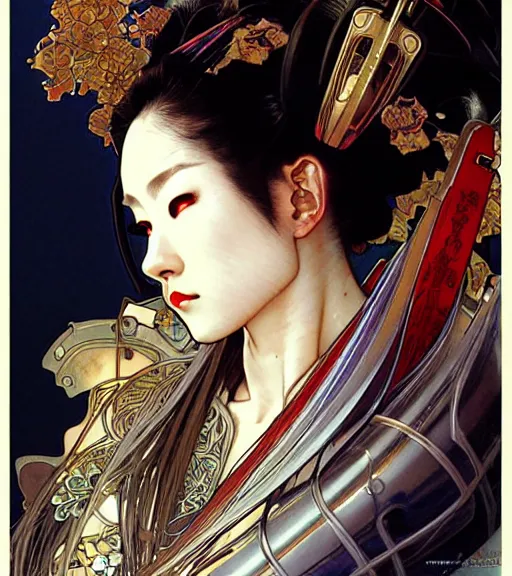 Prompt: realistic detailed profile portrait of a beautiful futuristic warrior geisha in alien samurai armor by alphonse mucha, ayami kojima, amano, greg hildebrandt, and mark brooks, female, feminine, art nouveau, geisha samuari cyberpunk, neo - gothic, gothic, character concept design