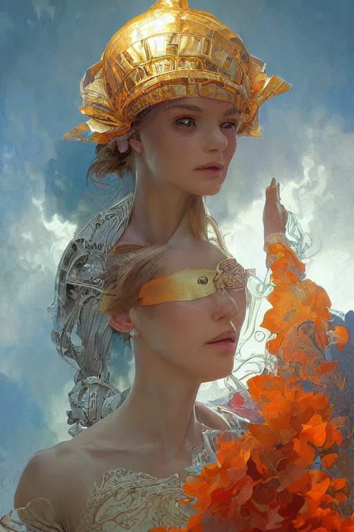 Image similar to portrait of tinfoil hat man in orange t - shirt behind his wife, feelings, romantic, fantasy, intricate, elegant, highly detailed, digital painting, artstation, concept art, smooth, sharp focus, illustration, art by artgerm and greg rutkowski and alphonse mucha