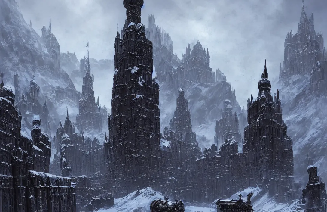 Image similar to The capital of a warhammer 40k imperial russian citadel, sci fi, located in the frozen northern wastes, soviet tower blocks, neo gothic magnificence, foreboding black steel exterior, snow capped mountains, fantasy, highly detailed, digital painting, artstation, concept art, illustration, art by Bayard Wu and Marc Simonetti and Diego Gisbert Llorens