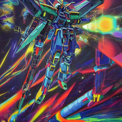 Image similar to An extremely Gundam psychedelic experience, colorful, surreal, mecha, robot, LSD, face, jet turbine, tarot, detailed, intricate, elegant, highly detailed, super detailed, insane detailed, digital painting, concept art, smooth, sharp focus, illustration, art by Krenz Cushar, Marco Plouffe, dan mumford, Artem Demura and alphonse mucha