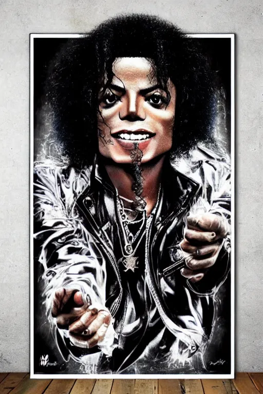 Image similar to gangsta black michael jackson afro poster as a black rapper 1 9 7 0 s, the hood, tattoos, dancing, poster tour, art work, ripped, 6 pack, rapping, grime, michael jackson, uhd, sharp, detailed, cinematic 4 k