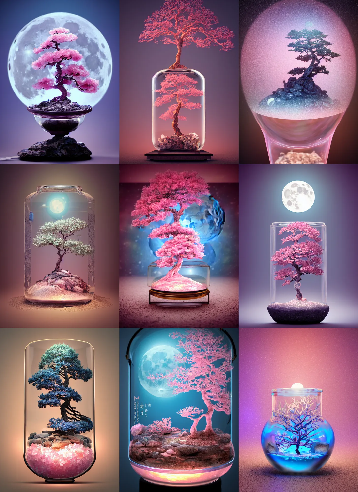 Prompt: pink and blue bonsai tree inside a steampunk glass jar, full moon buried in sand, himalayan rocksalt lamp, intricate detail, snowflakes, hyper detailed, ultra realistic, sharp focus, octane render, lantern, volumetric, ray tracing, artstation trending, moon, pocketwatch, cgsociety, sense of awe, mystical, moon, 4 k