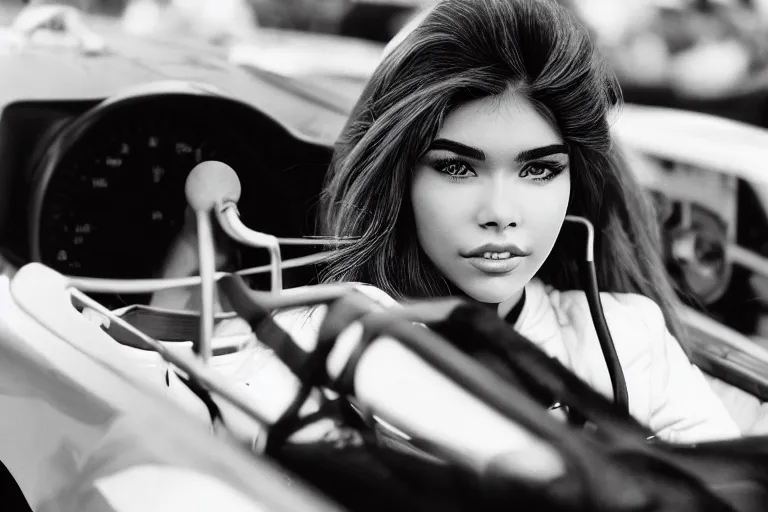 Prompt: a highly detailed, beautiful photo of a madison beer as a 1 9 7 0 s race car driver, at circuit de spa francorchamps, in the drivers seat of a formula one race car, symmetrical face, beautiful eyes, realistic, panoramic, tilt shifted camera, 8 k, award winning photo, motor sport photography,, natural lighting