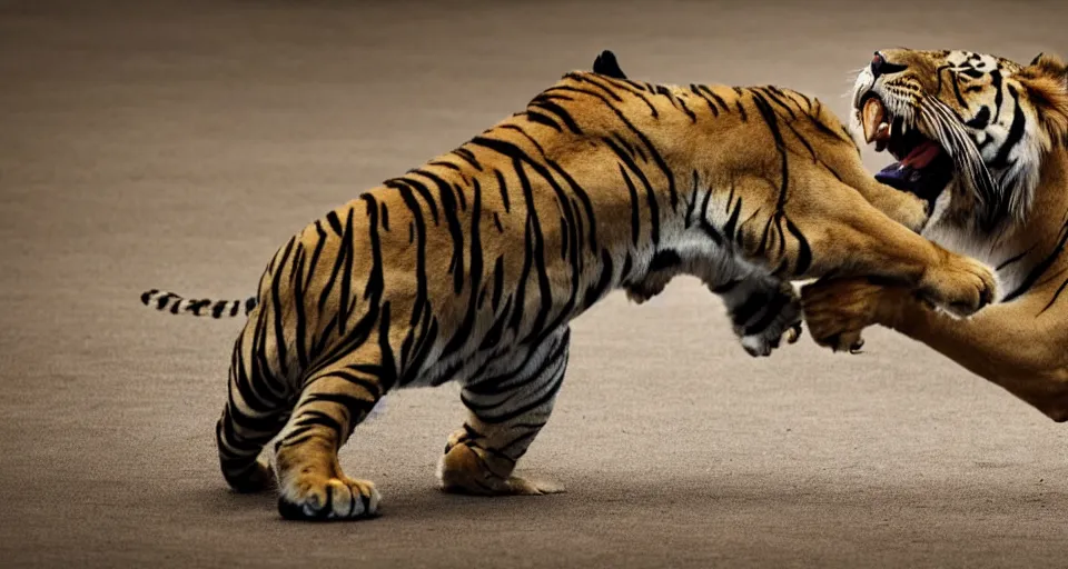 Prompt: a tiger and a lion boxing each other in the ring.