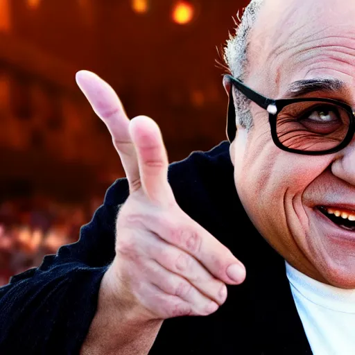 Prompt: Danny Devito flipping off the Queen | highly detailed, global illumination, trending on art station, ray tracing, 4k, 8k |