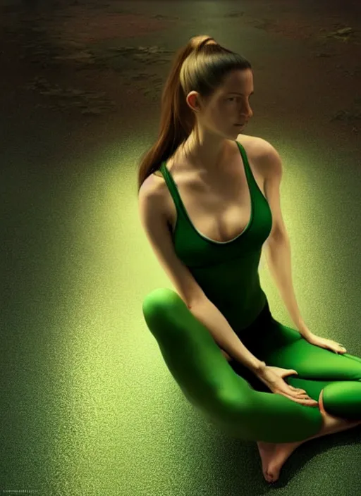 Image similar to young woman sitting in yoga pose : : green - gold nature cyberpunk : : weta disney pixar movie still photo : : decadent highly - detailed digital painting, heroic pose, full length shot, golden ratio, octane render, artstation, smooth, sharp focus, artgerm, mucha, loish, wlop, gogo