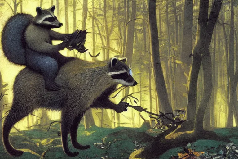 Prompt: a raccoon, foxback riding through a forest, glowing with silver light, painting by jean - leon gerome, illustration by winsor mccay, color by franz marc, today's featured photograph, 1 6 k, character design, furry art, furaffinity, realistic, detailed