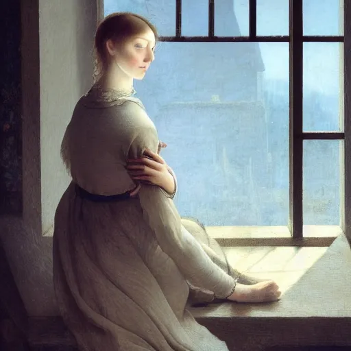 Image similar to A dreamy sleepy young woman with very short dark curly hair, portrait art by caspar david friedrich and pieter bruegel, highly detailed, digital painting, concept art, illustration, dim lighting with twilight rays of sunlight coming through the window with closed shutters, trending on artstation, very detailed, smooth, sharp focus, octane render