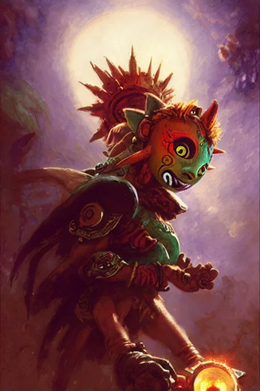 Image similar to majora's mask as a magic the gathering card portrait dnd, painting by gaston bussiere, craig mullins, greg rutkowski, yoji shinkawa