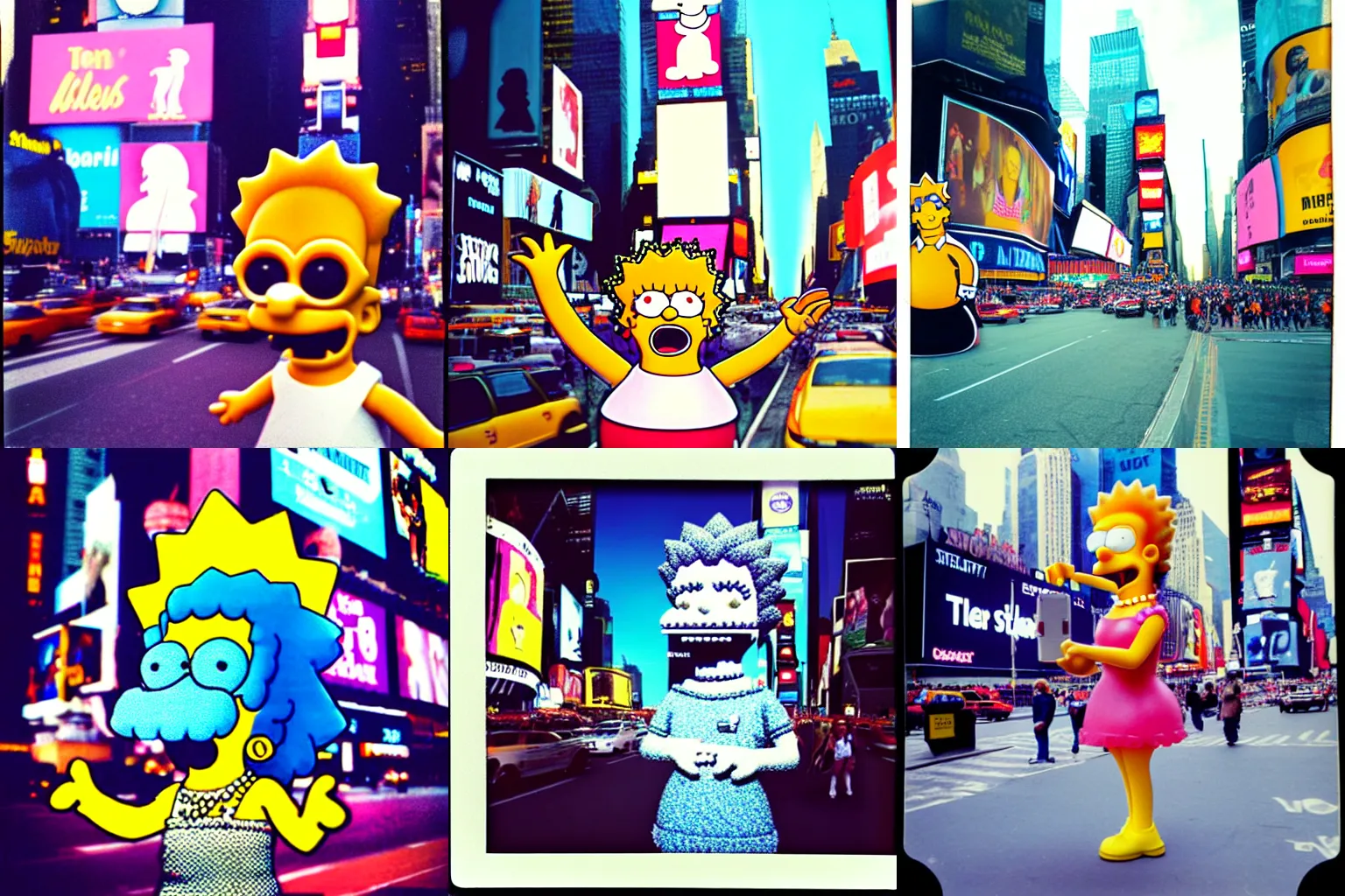 Prompt: plastic lisa simpson on times square, analog polaroid picture, realistic, detaild