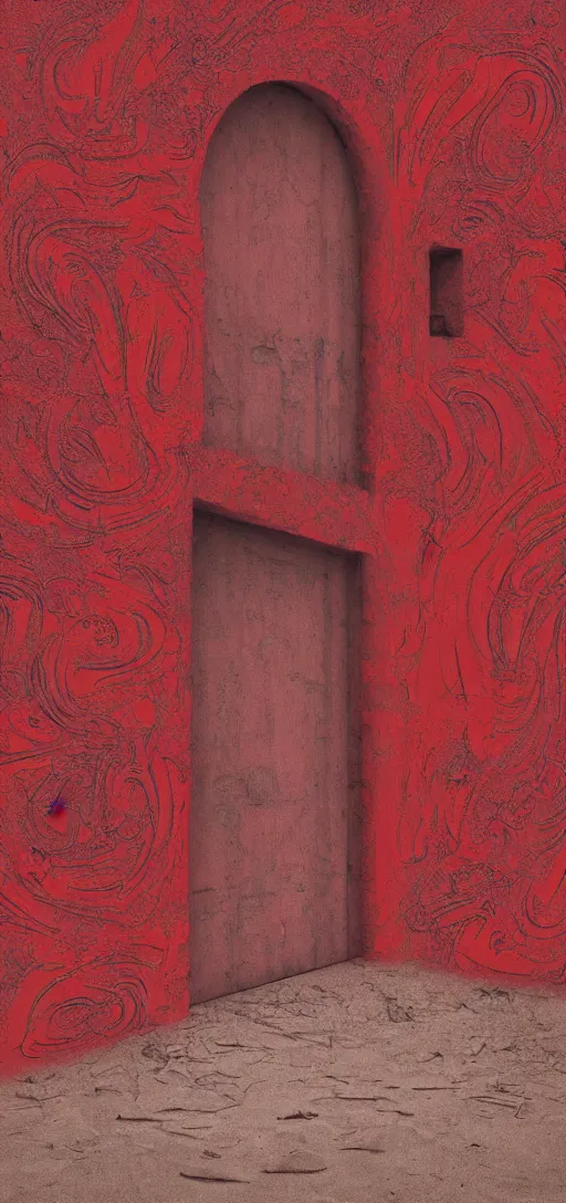 Image similar to huge detailed red door standing in wasteland in style of zdzisław beksinski, fractal patterns,