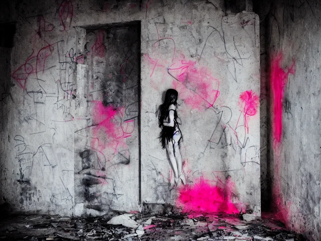 Image similar to graffiti in an abandoned bunker, cute fumo plush gothic black enigmatic maiden girl painted in spilt red ink and washed watercolor, neon light, avant garde pop art, filmic, daylight, captured on canon eos r 6