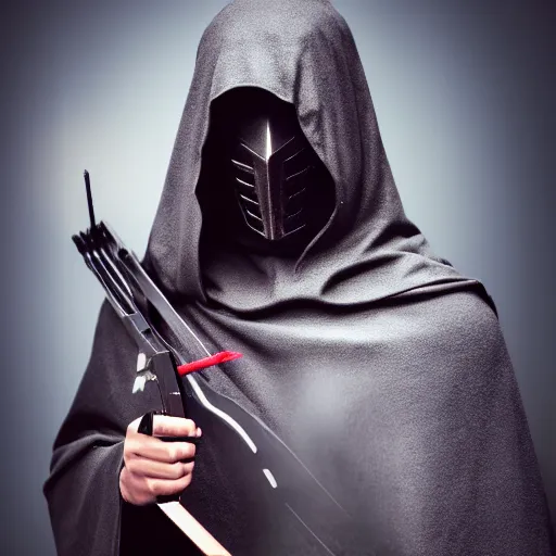 Prompt: a cloaked assassin wearing an iron mask and holding a crossbow in his hands, 4 k, hyper realistic, dslr, high resolution, landscape, beautiful