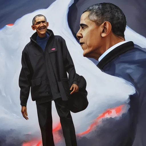 Image similar to an oil painting of barack obama wearing the supreme drip jacket, by artgerm, hd, hdr, ue 5, ue 6, unreal engine 5, realistic anime 3 d style, cinematic 4 k wallpaper, 8 k, ultra detailed, gta cover art, high resolution, artstation, award winning