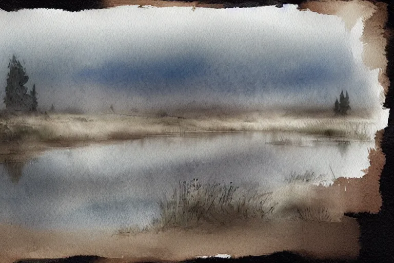 Prompt: watercolor painting of scandinavian bog, reflective, fog, ambient lighting, mockup watercolor sketch with bold brushstrokes, smudged and smeared paint, white border edge, white paper corners, by anders zorn