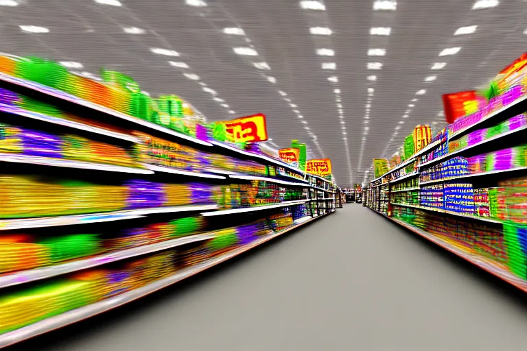 Image similar to lsd trip in the supermarket. super realistic 8 k render of a elegant, cinematic composition