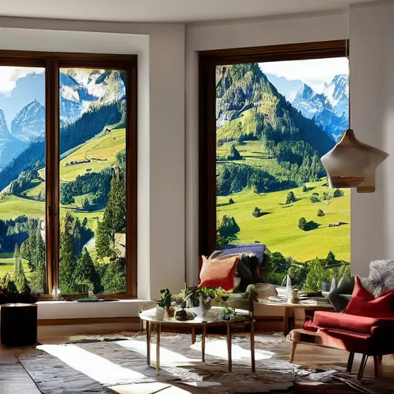 Image similar to fantastical living room with switzerland landscape in the window