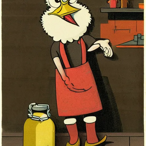 Prompt: fan art of an anthropomorphized hen with a worried expression, wearing an apron, pointing to the kitchen sink