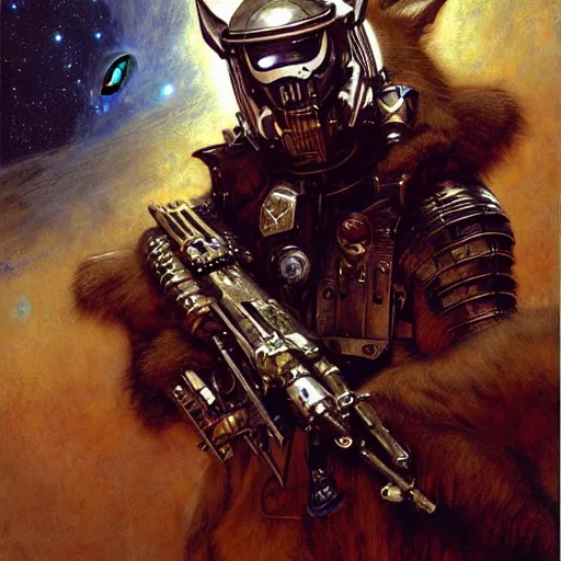 Image similar to portrait of a wolf in uniform as space priest. shadowrun furaffiniy cyberpunk fantasy highly detailed painting by gaston bussiere craig mullins jc leyendecker gustav klimt artgerm greg rutkowski john berkey, bergey, craig mullins, ruan jia, raymond swanland, jeremy mann, tom lovell, alex malveda