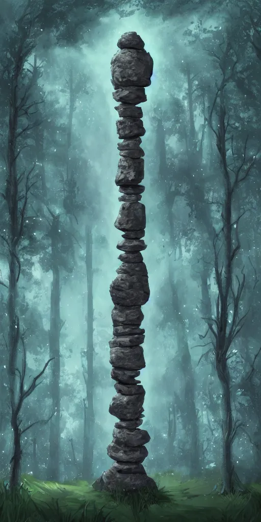 Prompt: a stone pillar standing forgotten in a forest. above the canopy the sky is full of stars. symmetrical composition. digital painting. detailed concept art. colourful. fantasy art. dramatic lighting.