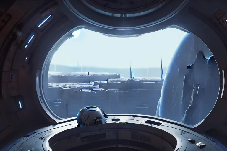 Image similar to interior of space base in orbit with a huge window, on the window you can see the planet below clearly, the planet is warm with canyons, sharp focus, concept art, very detailed, very realistic, trending on artstation, in the style of star citizen, star wars, overwatch, elite dangerous, beautiful, sci fi, unreal engine,