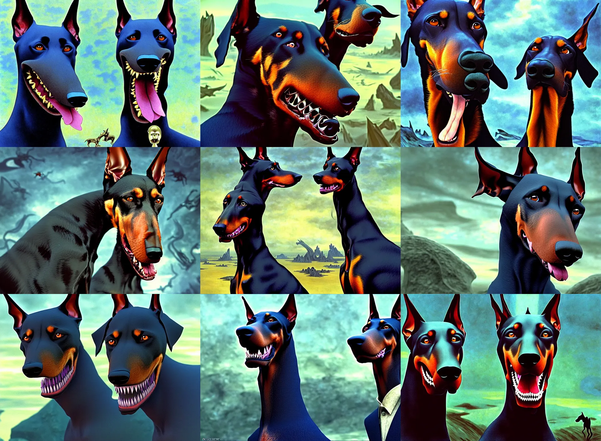 Prompt: realistic detailed portrait movie shot of a snarling doberman - headed man wearing an elegant suit, sci fi landscape background by denis villeneuve, amano, yves tanguy, alphonse mucha, max ernst, roger dean, masterpiece, rich cold moody colours, dog teeth, blue eyes