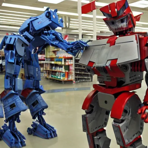 Image similar to dexter morgan fighting a transformer robot at kmart