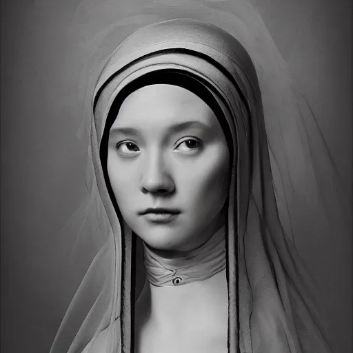 Prompt: a beautiful surreal illustration of a gorgeous nun, highly detailed, liquid oilpaint, doug chiang, gustave dore, leonardo da vinci, trending on artstation, industry, lucid and intricate, rectilinear, digital art, octane, redshift, vray, 8 k, 6 4 megapixels, zbrush central, behance hd, hypermaximalist, well rendered