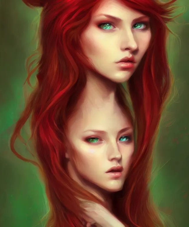 Image similar to Fae teenage girl, portrait, face, long red hair, green highlights, fantasy, intricate, elegant, highly detailed, digital painting, concept art, smooth, sharp focus