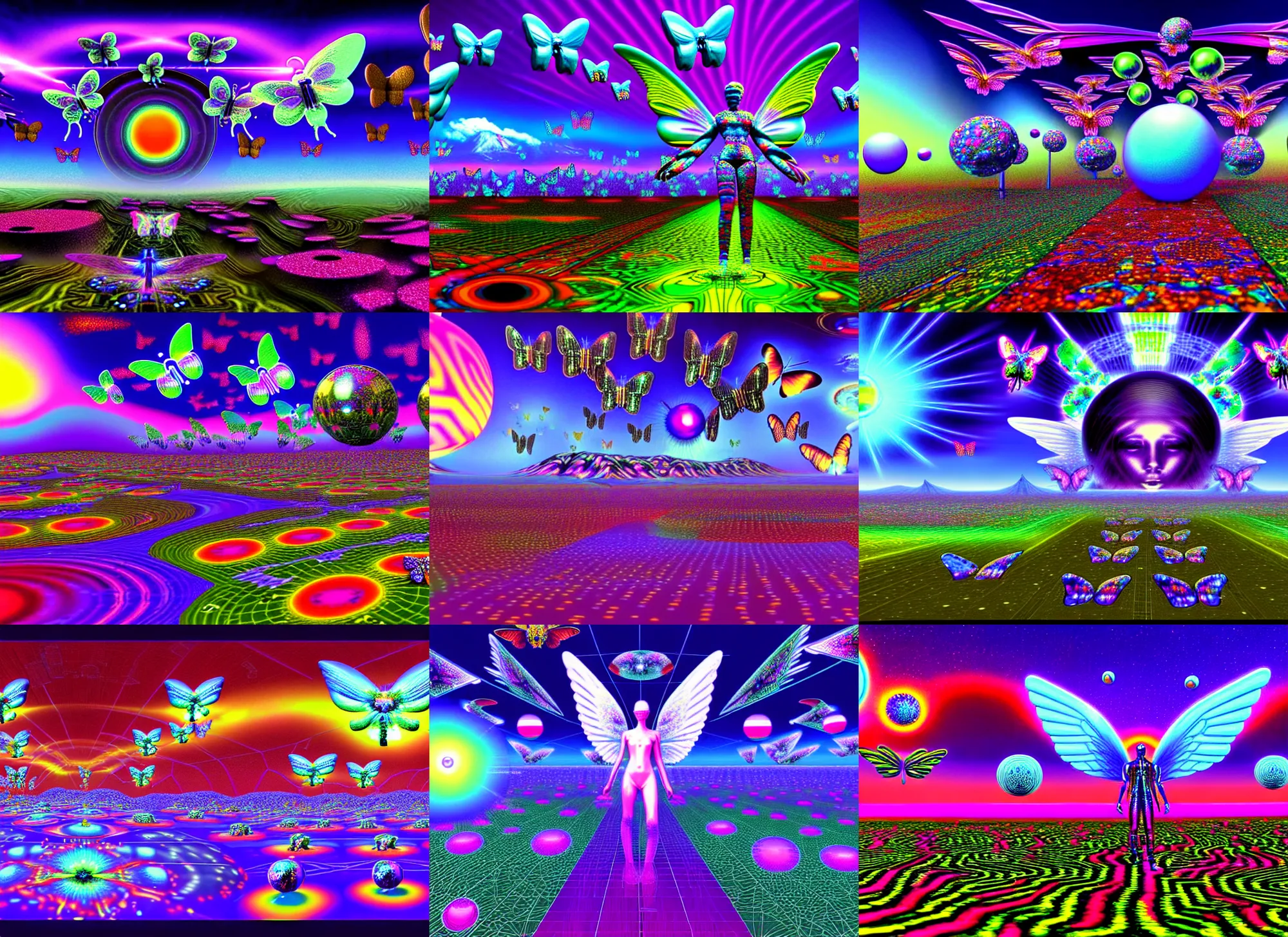 Prompt: 3 d render of cyber landscape with orbs and cyborgs with angel wings against a psychedelic surreal background with 3 d butterflies and 3 d flowers n the style of 1 9 9 0's cg graphics, lsd dream emulator psx, 3 d rendered y 2 k aesthetic by ichiro tanida, 3 do magazine, wide shot