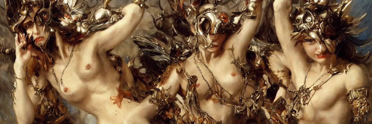 Image similar to a nymph wearing a broken black armor floating in the sky ready to fight angels, the nymph is wearing jewellery and is holding skulls in her hands, extremely realistic and highly detailed painting by gaston bussiere and j. c. leyendecker 8 k