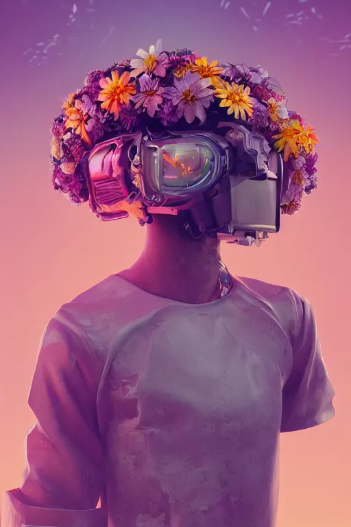 Prompt: a man with a flower crown on his head, cyberpunk art by filip hodas, mike winkelmann, cgsociety, afrofuturism, retrofuturism, made of flowers, octane render, rendered in cinema 4 d