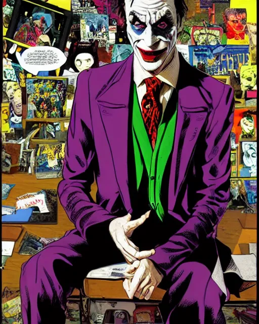 Prompt: portrait of saul goodman as the joker, event photography, art by makoto shinkai and peter elson, bernie wrightson