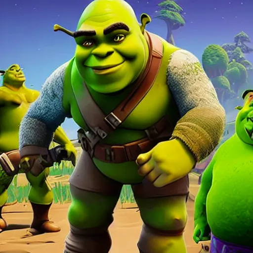 Image similar to shrek winning in fortnite