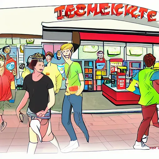 Prompt: teens visiting groceries store artwork by z toon comics