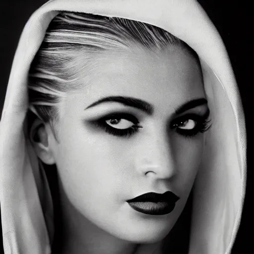 Prompt: black and white vogue closeup portrait by herb ritts of a beautiful female model, persian, mascara, high contrast