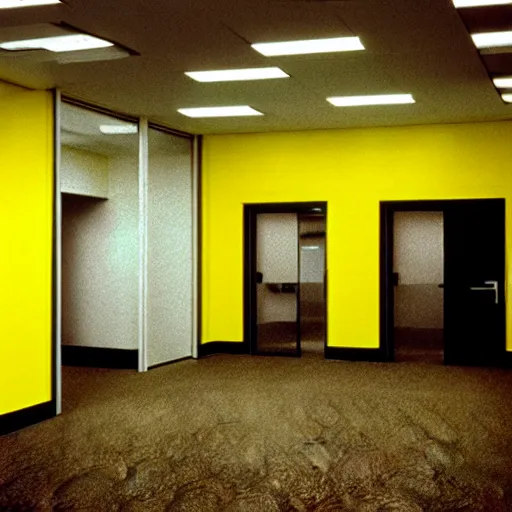 Prompt: xenomorph in endless empty office building with yellow walls, brown carpet, defective fluorescent lighting