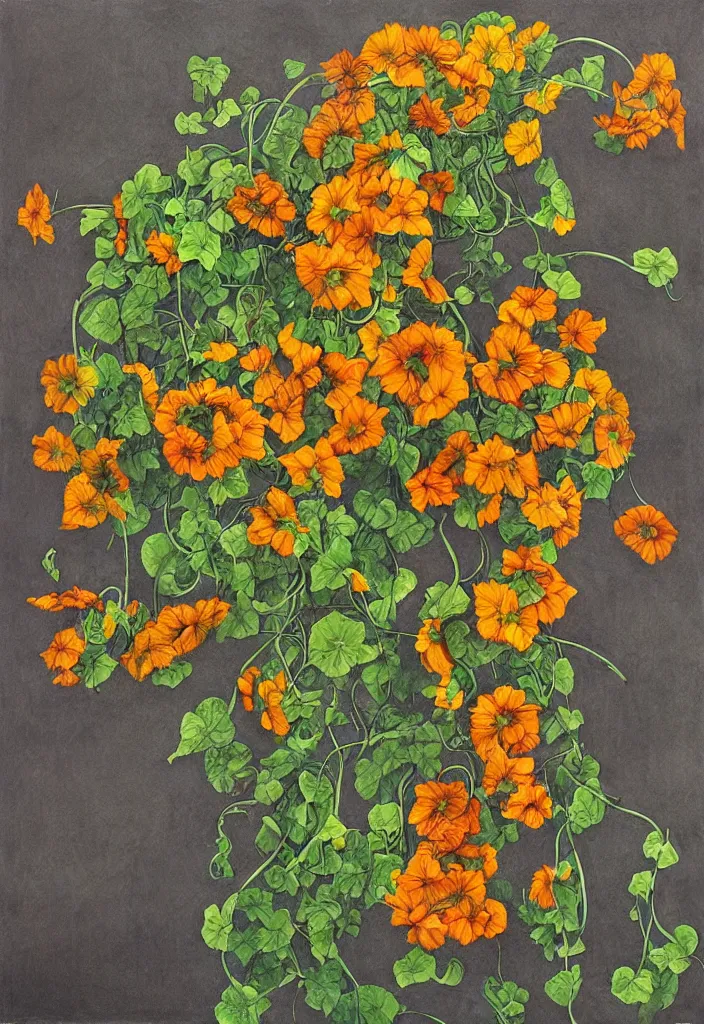 Image similar to award winning fine artwork about entangled sunflowers and falling nasturtiums with vines