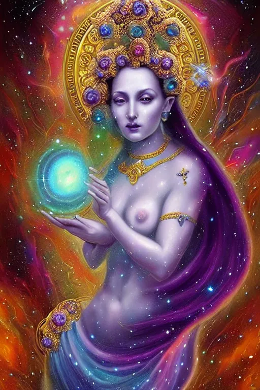 Image similar to Full view realistic ethereal stunning Immortal Gods of cosmic nebula in a beautiful dress, 4k digital painting masterpiece, ornate Iconography background in the style of Barbara Meiklejohn-Free & Flavia Kate Peters, tarot card, cool, magnificent, mystical, Hyperdetailed, award winning art, , wlop, Pinterest, detailed and realistic, soft lighting, intricate details, realistic, full view, Artstation, CGsociety