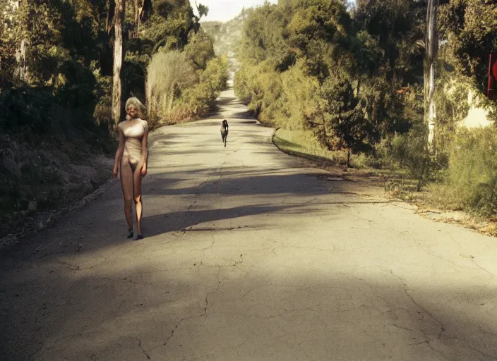 Prompt: Naomi Watts walking Mulholland Drive, Gregory Crewdson, Joel Sternfeld