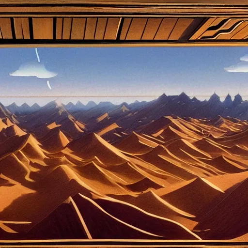 Prompt: envelop our expansive deserts with panels, tame god's holy sunlight and let america's boundless energy flow across the land like a great river, high contrast cinematic light, bev doolittle and francois schuiten