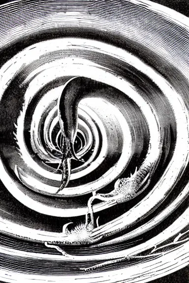 Image similar to A vintage scientific illustration from the 1970s of squid swimming in an endless vortex of squid