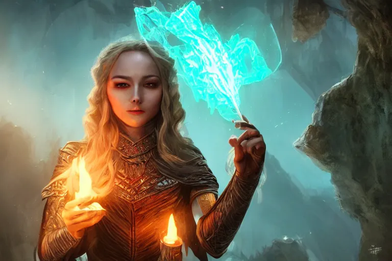 Image similar to ultra detailed fantasy, a beautiful magician with. a fire in her hand, realistic, dnd, rpg, lotr game design fanart by concept art, behance hd, artstation, deviantart, global illumination radiating a glowing aura global illumination ray tracing hdr render in unreal engine 5