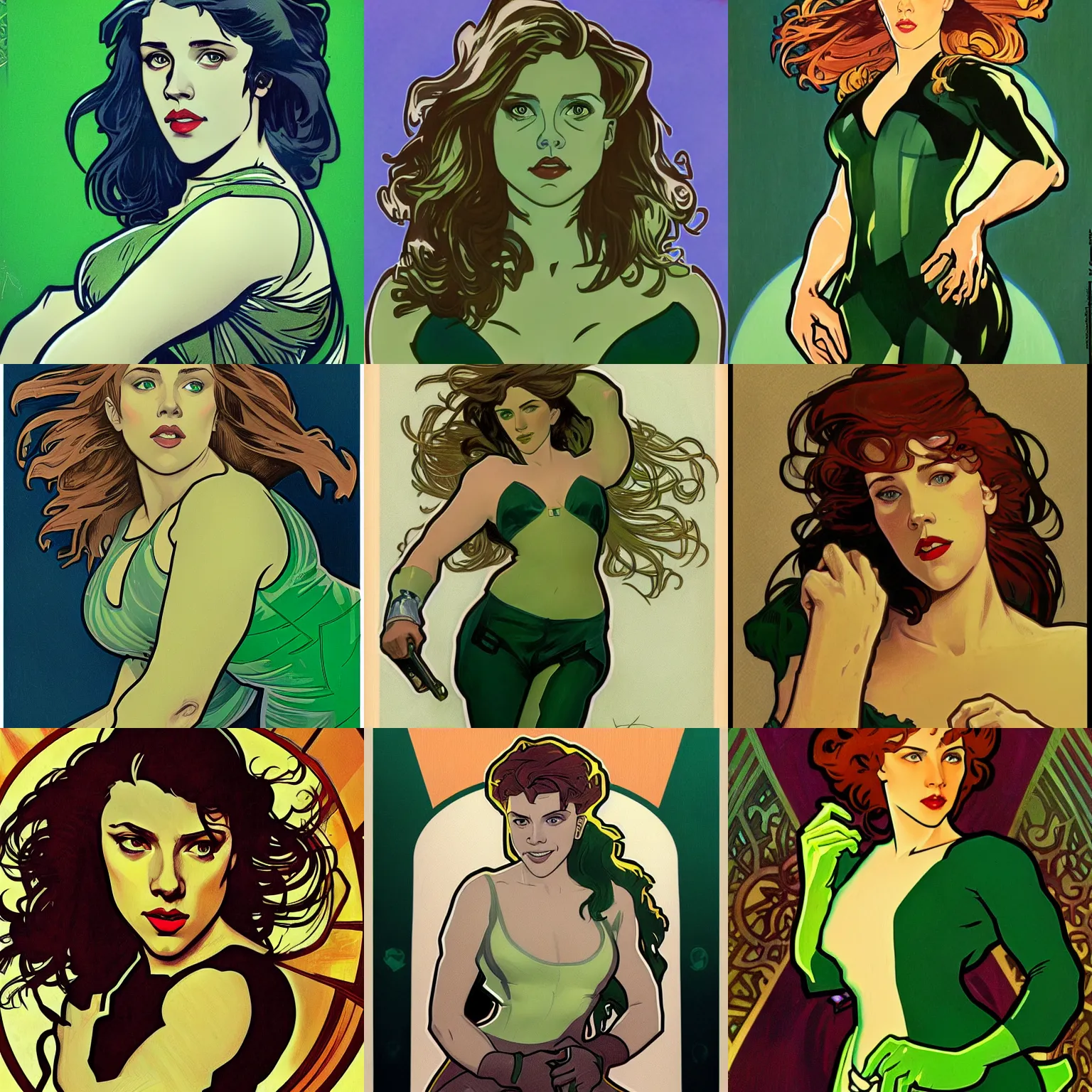 Prompt: alphonse mucha scarlett johansson as she hulk, portrait, full body, trending on artstation, 3 5 mm