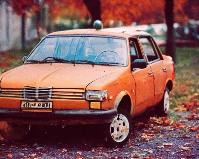 Image similar to a lomographic photo of old lada 2 1 0 7 standing in typical soviet yard in small town, autumn, cinestill, bokeh