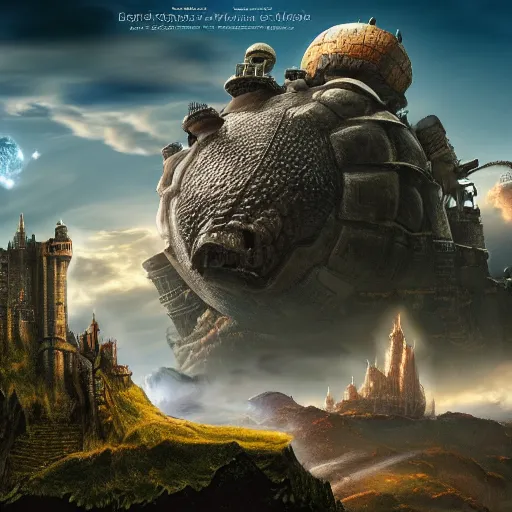 Prompt: large fantasy castle rising from the top of a giant tortoise, towering over a harsh barren wasteland, howls moving castle, mortal engines, kaiju, distant shot angled slightly up, fantasy, hyper detailed, 4 k