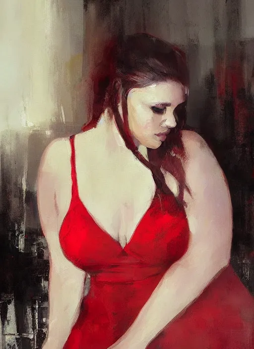 Image similar to beautiful plus size girl, red dress, painting by jeremy mann