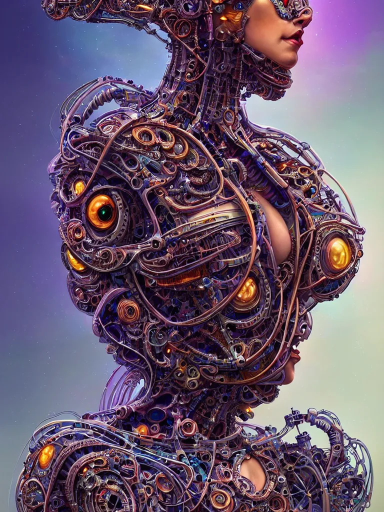 Prompt: full lenght shot woman in biomechanical dress, wearing epic bionic cyborg implants of different colors, detailed intricate ornate cables, by dan mumford and naoto hattori, masterpiece, intricate, elegant futuristic wardrobe, highly detailed, artstation, concept art, background galaxy, cyberpunk colors, art by artgerm and james jean and nick sullo