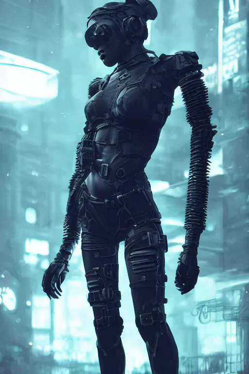 Image similar to Dark cyberpunk underground club girl. Biopunk, body armor, high detail, photorealism, full length view, concept art, Dan Mumford, Greg Rutkowski, Quixel Megascans, octane render, 16k, 8k, photoillustration