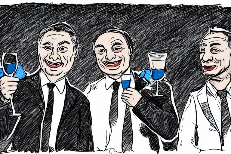 Image similar to viktor orban winking and drinking champagne with putin in front a burning city, line art